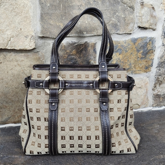 Bally Leather Harness Canvas Print Bag Satchel Tote Purse - Picture 6 of 12